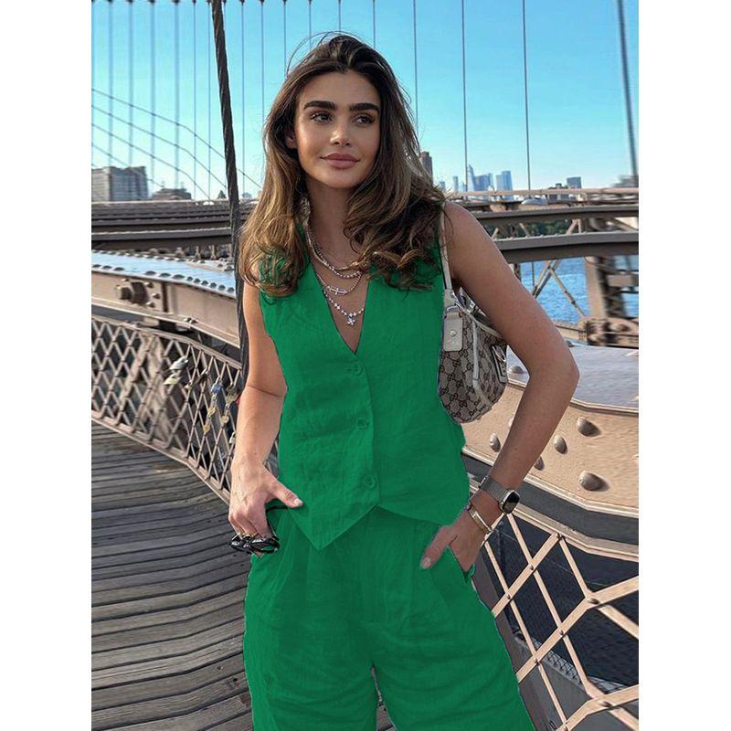 Sleeveless V-neck Vest Pants Set Casual Sleeveless V-neck Vest Solid Trousers Set
