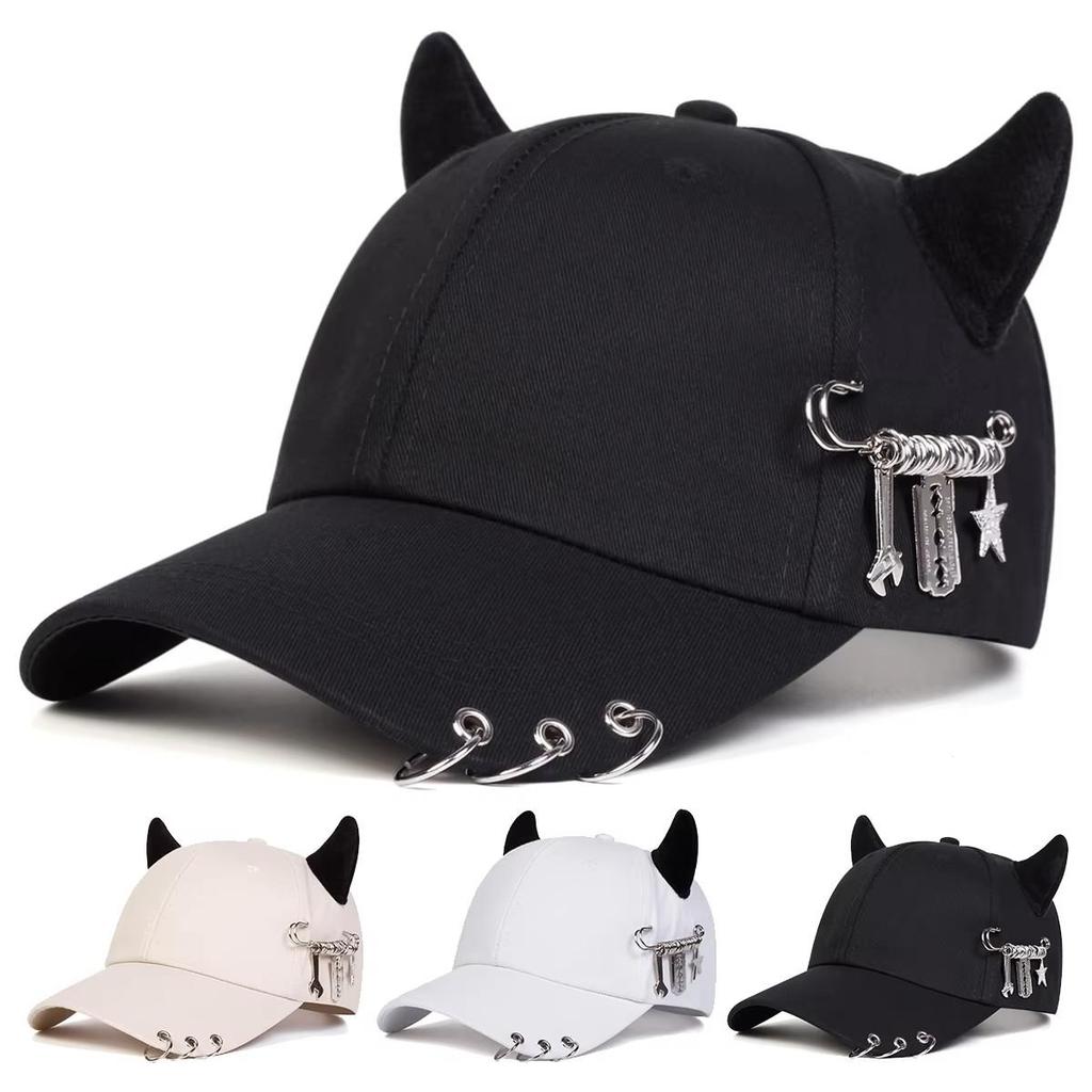 Baseball Cap Hat Iron Ring Cow Horn Spring Summer Autumn Punk Hip Hop Rock Adjustable Unisex Men Women Outdoor Casual Cotton Snapback