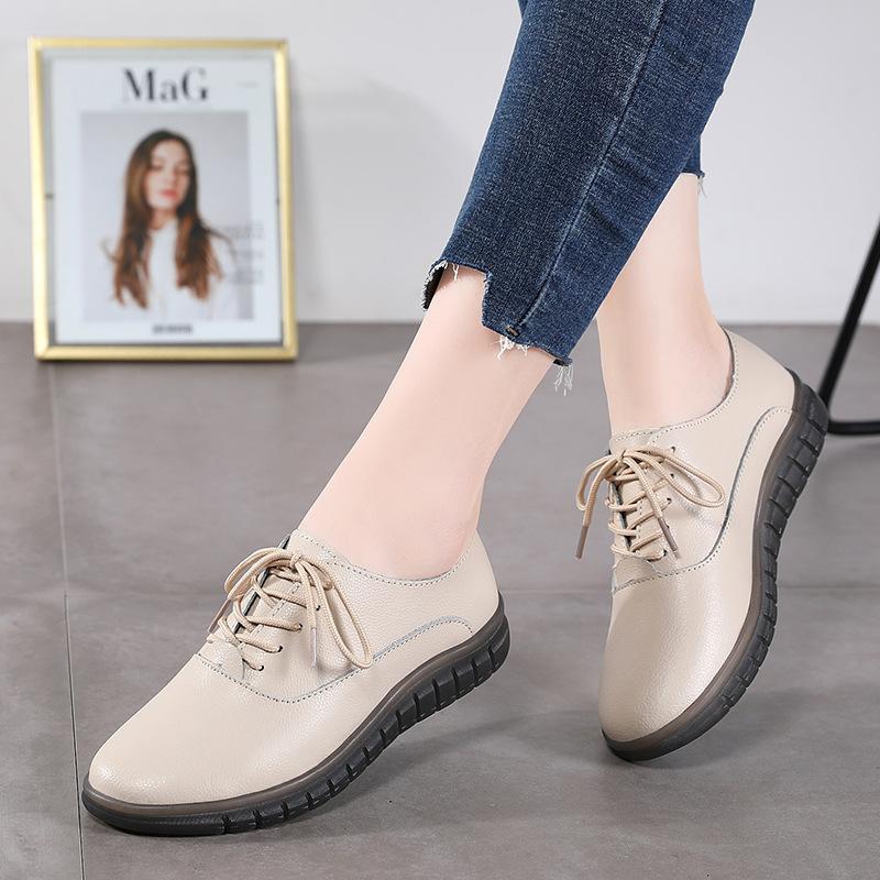 Jarní boty z pravé kůže pro ženy, ležérní protiskluzové ploché boty, univerzální bílé boty pro ženy