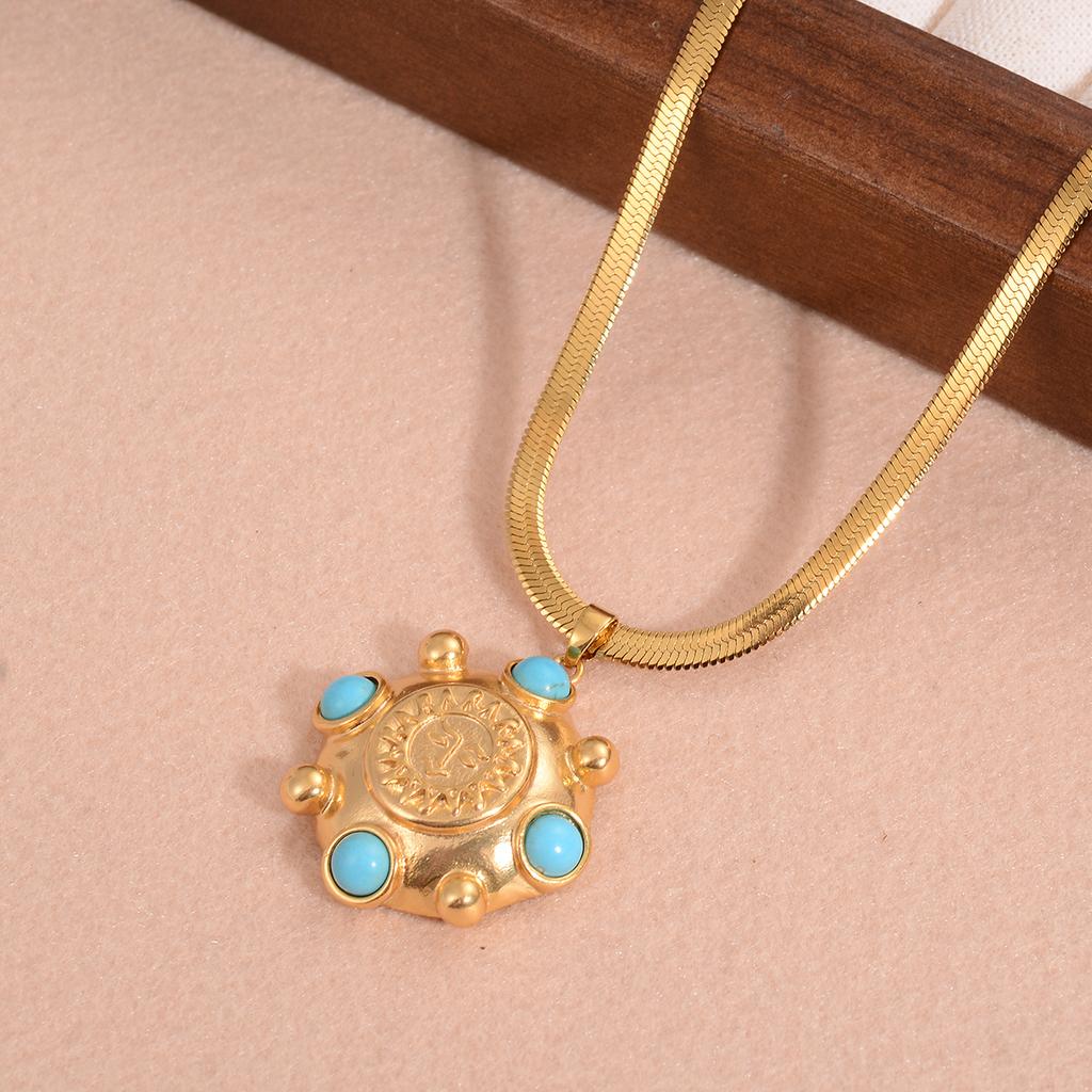 Vintage 18K Gold Plated Snake Chain Necklace with Turquoise Sun Pendant Choker Bohemian Jewelry for Women