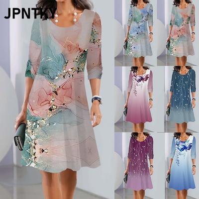 JPNTKY Moda Verano Primavera Manga Corta Cuello Redondo Vestidos Casuales