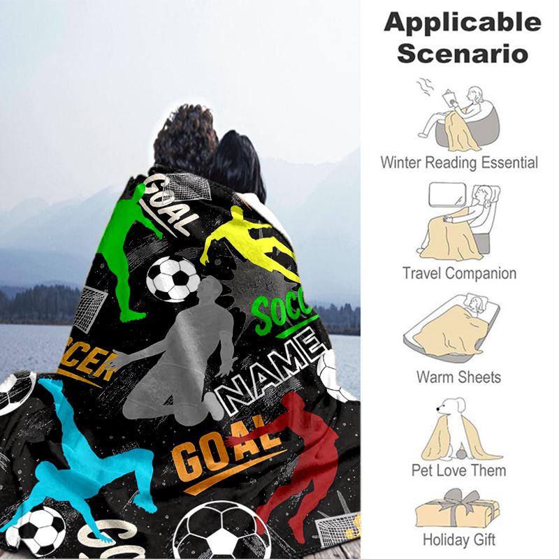 1PC Custom Name Soccer Silhouettes Goals Flannel blankets Patterns Throw Blanket All-Season Soft Gift for Couch, Bed, Camping gifts