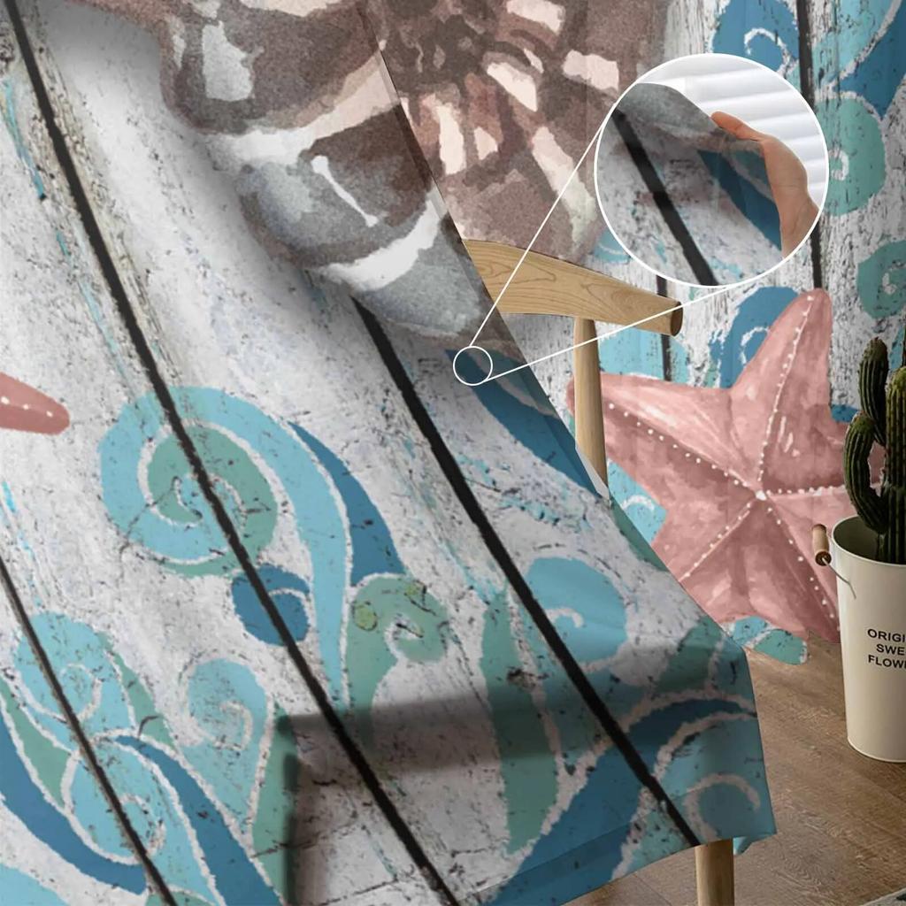 Korallen-Muschel-Seestern-Plankenstruktur, Tüll-Vorhänge für Wohnzimmer, durchsichtiger Vorhang für Schlafzimmer, Küche, Jalousien, Voile-Vorhänge