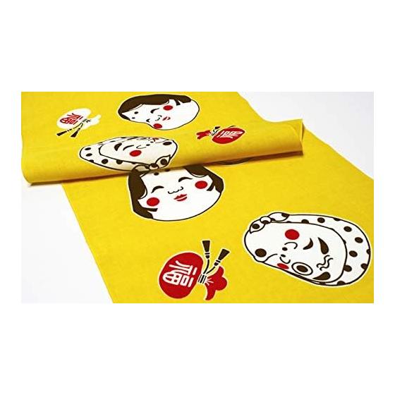 Somen Anbo Tenugui "Warai Kado Rai Fuku" Yellow, Hand-dyed, 100% Cotton, Tokka, Made In Japan, 35cm X 100cm, Okame, Hyottoko, Smile, Good Fortune,