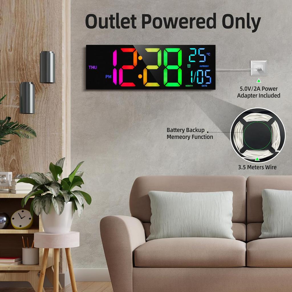 8 Colors Digital Wall Clock, 16.2" Large Digital Clock with Temperature, Date, Auto DST, Night Light, Auto Brightness Dimmer, 24/12-hour Wall Clock