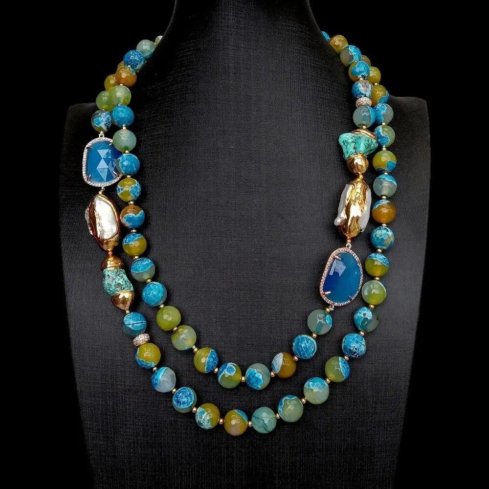 

Y.YING 2-рядное колье с синим граненым агатом и культивированным белым жемчугом Бива и бирюзой 22 дюйма