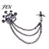 Dark Light Zircon Brooch Men's Pin with Chain, British Crown Cross Angel Lapel Pin, Rhinestone Suit Cool Tone Silver Badge Tassel Chain for
