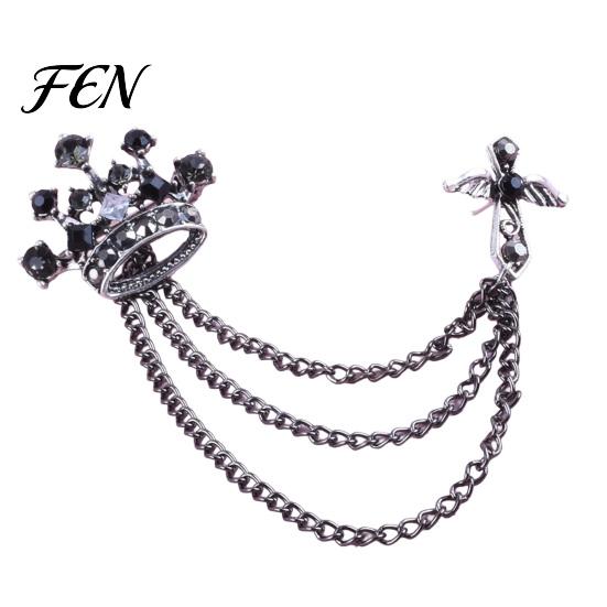 Dark Light Zircon Brooch Men's Pin with Chain, British Crown Cross Angel Lapel Pin, Rhinestone Suit Cool Tone Silver Badge Tassel Chain for