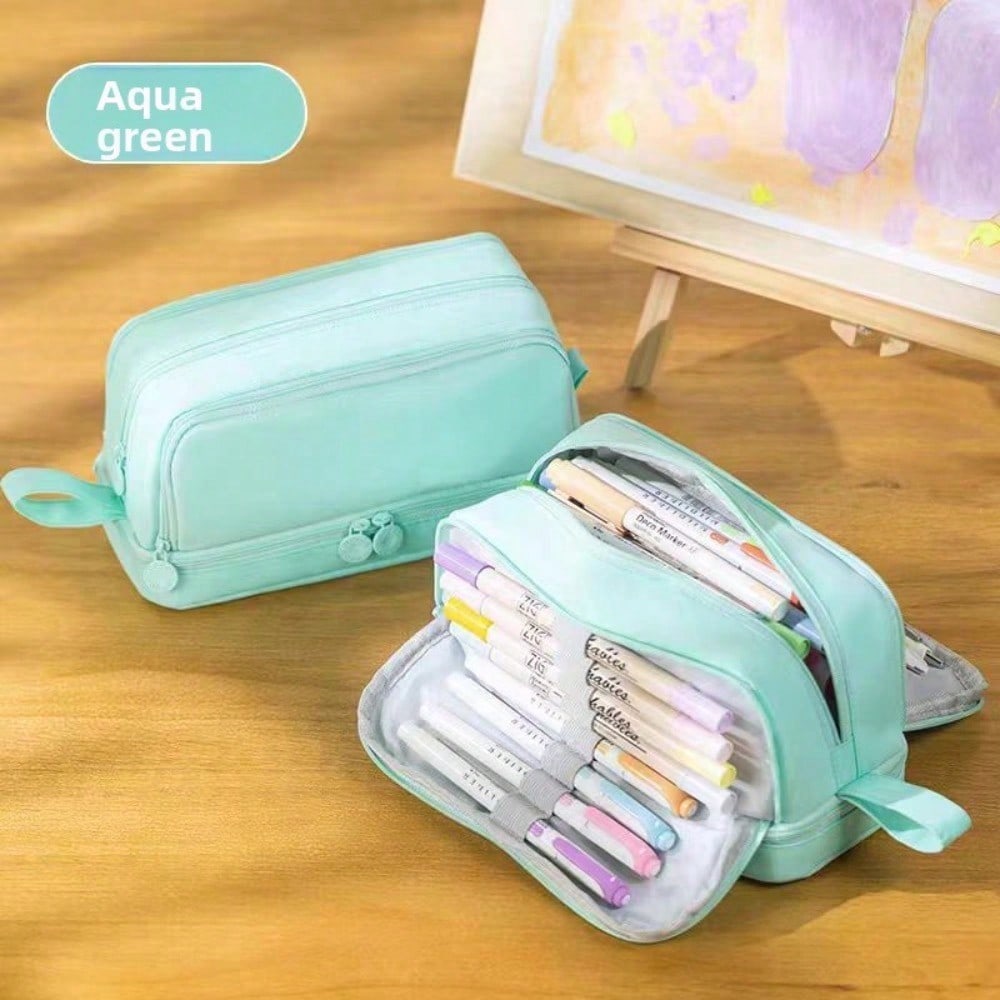 Double-layer Double-window Pencil Bag, Solid Color, Simple Multi-function, Large-capacity Storage Bag, Dirt-resistant Stationery Storage Bag