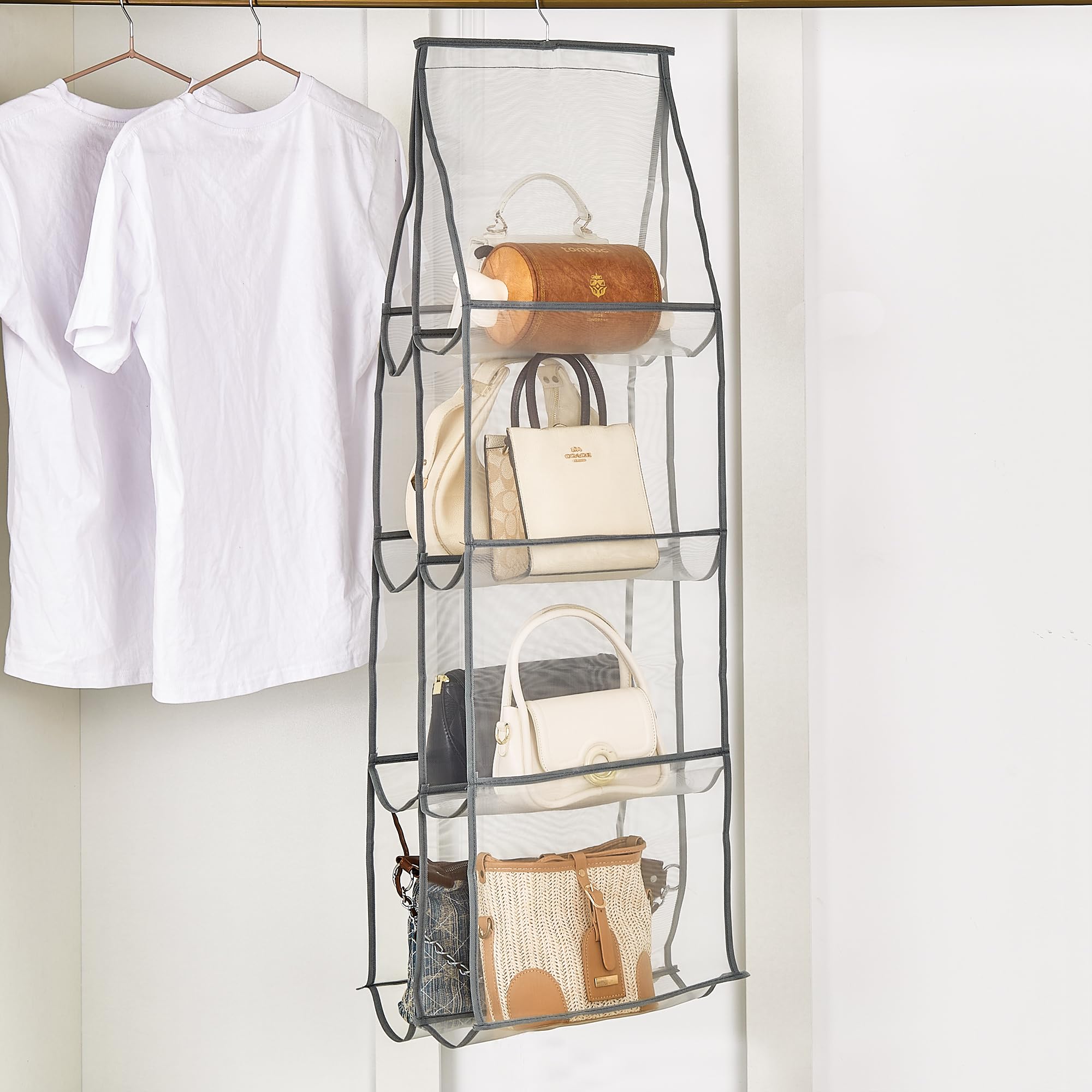 

VECELO Hanging Storage Closet Storage 4 Tiers Width 30 x Depth 35 x Height 110cm Foldable Bag Hanger Bag Storage Space Saving Hanger Rack Fabric серый