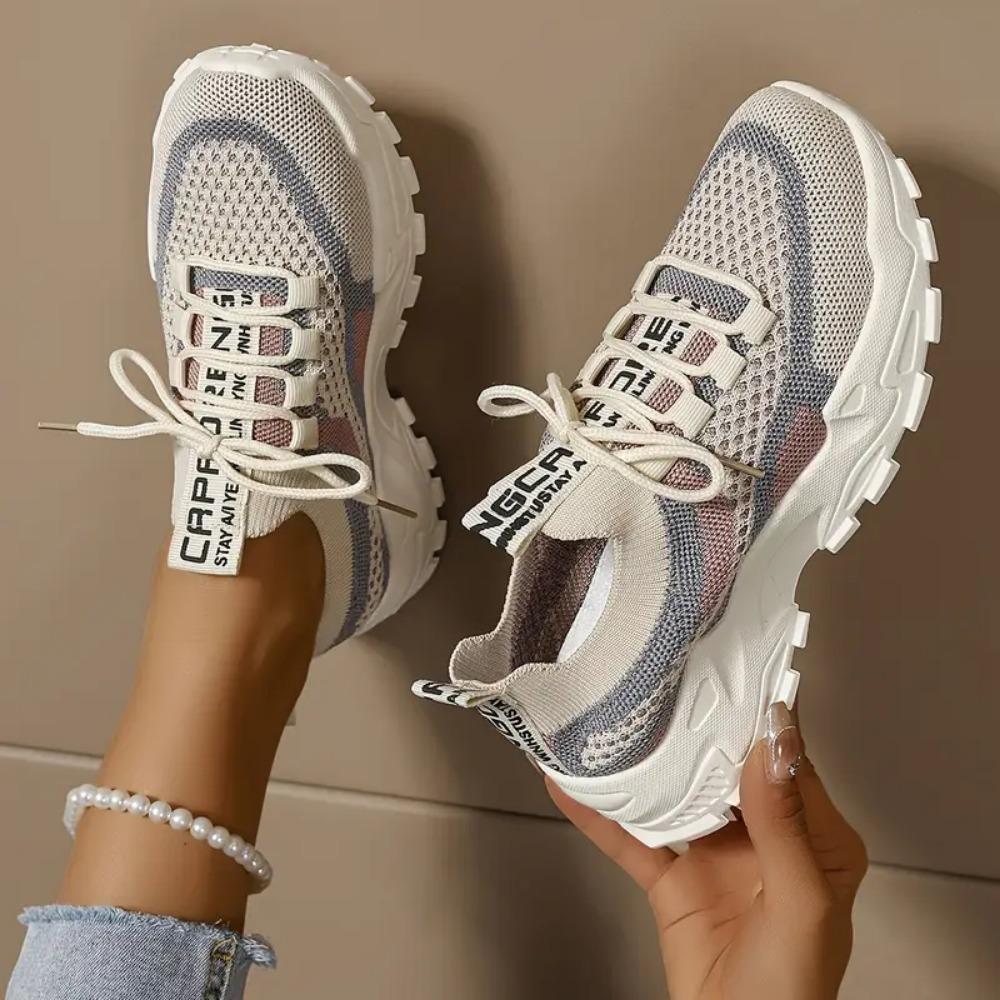 Women's Breathable Woven Sneakers - Lightweight Casual Platform Running Shoes Low-Top Lace-Up Desig Ladies Sneakers