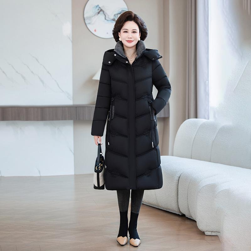 Women's XL-7X Down Cotton Long Jacket - Over-the-Knee Slimming Outerwear for Middle-Aged and Elderly