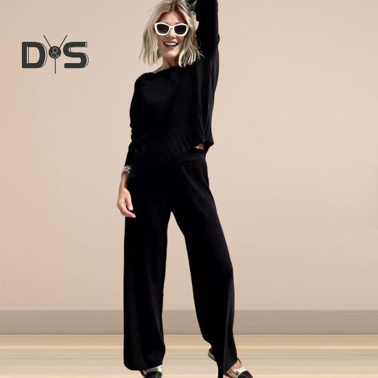 2 шт./комплект женский топ брюки костюм круглый вырез длинный рукав трикотажный — фото 5