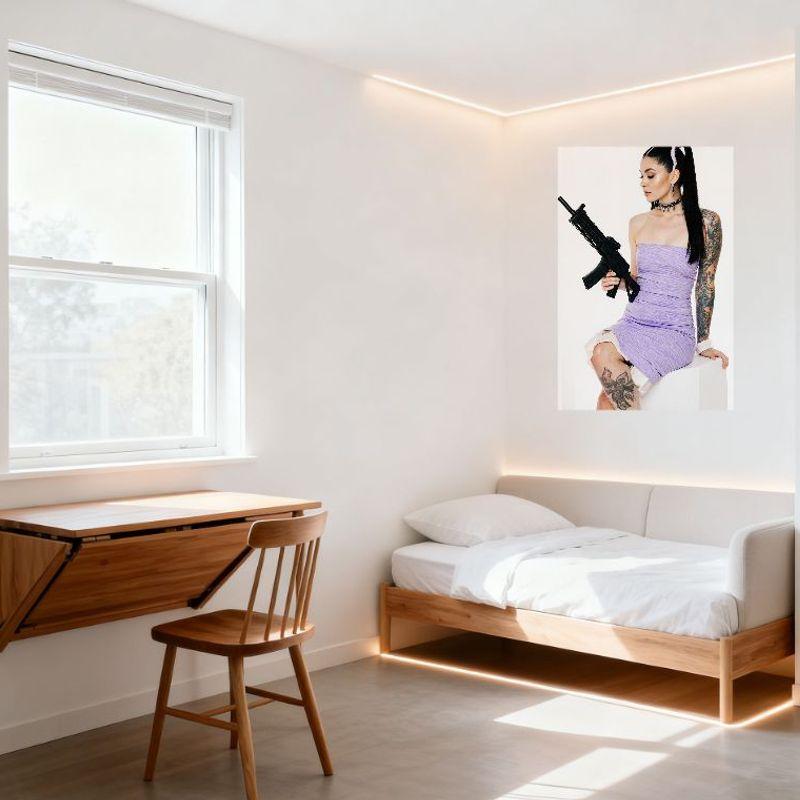 Sexy Woman High Ponytail Light Purple Dress Tattooed Arm Black Rifle Tin Sign Vintage Metal Wall Decor for Home Bar Pub Decorati