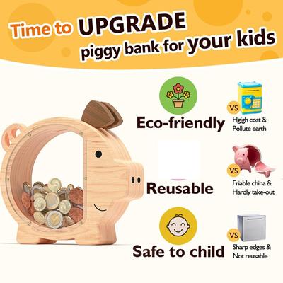 ABFS Wooden Piggy Bank For Kids Large Piggy Bank For Boy And Girls, Cute Unbreakable Wood Money Bank, Saving Money Jar