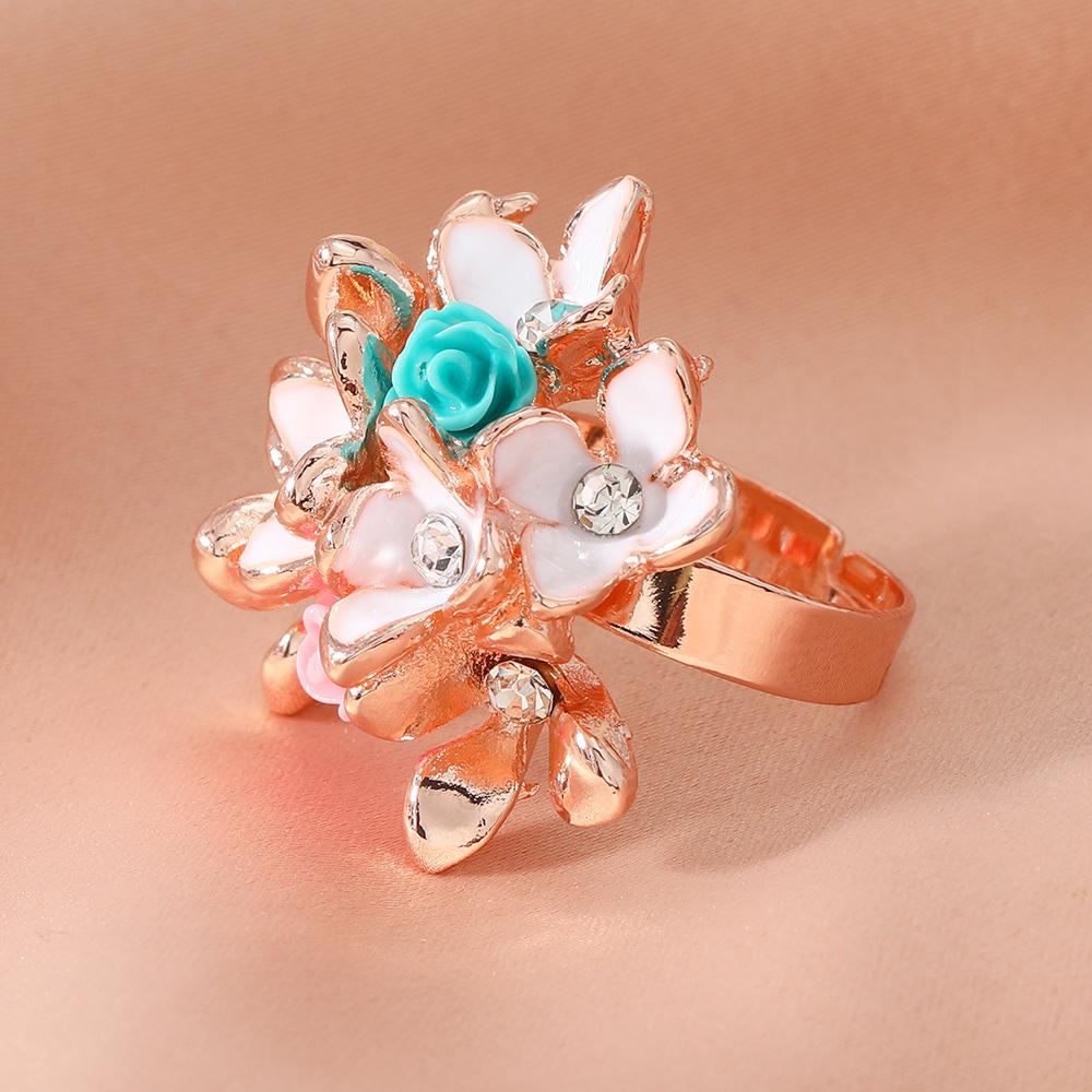 Diamond encrusted flower colorful creative sweet temperament versatile elegant adjustable ring with adjustable opening
