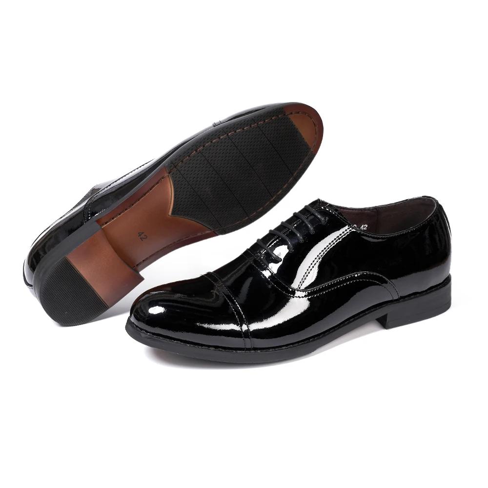 Fashion Luxury Mens Oxfords Genuine Patent Leather Solid Cap Toe Wedding Party Dress Shoes for Men Lace-Up Career Office Formal Footwear