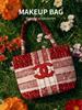 Red Plaid Sequin CC Logo Tote Bag, Daily Handheld Cosmetic Bag, Luxury Brand Beauty Accessory
