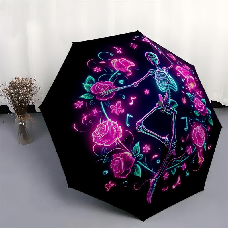 1pc Dancing Skeletons Automatic Practical Umbrella Design, Cute Cartoon Pattern, Portable Outdoor Umbrella, Perfect A037