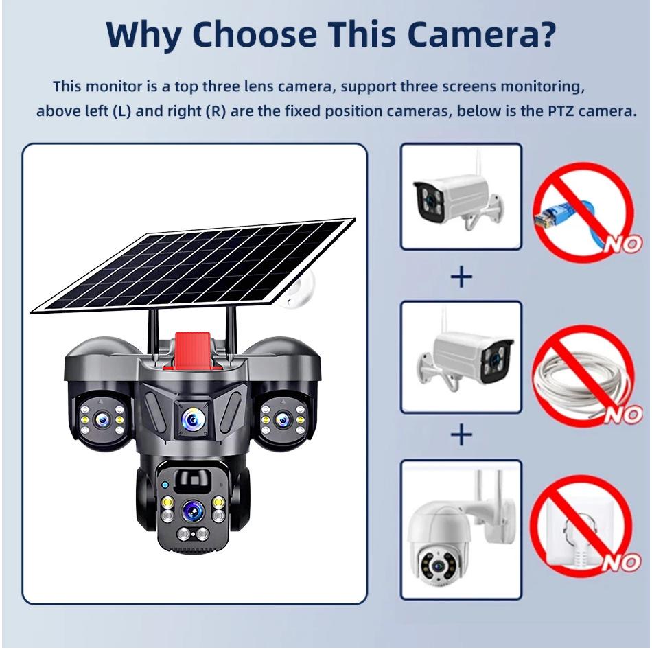 4G Solar-Powered Triple-Lens HD Outdoor WiFi Camera V380 Monitor