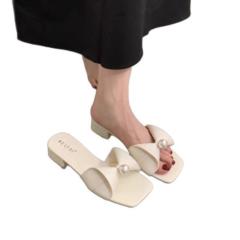 Pinke Feenperlen Schleife Dicke Ferse Coole Hausschuhe Damen Sommer Mode Ein-Wort-Hausschuhe Sommer Neu