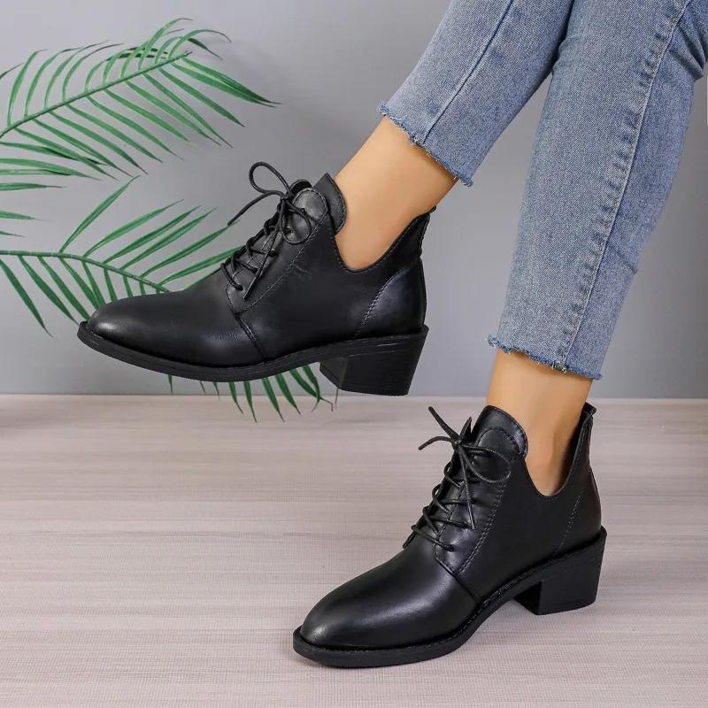 Ladies Shoes  High Quality Cross-tied Women's Boots Fashion Solid Casual Boots Women New Pointed Toe Ankle Boots Heels Women