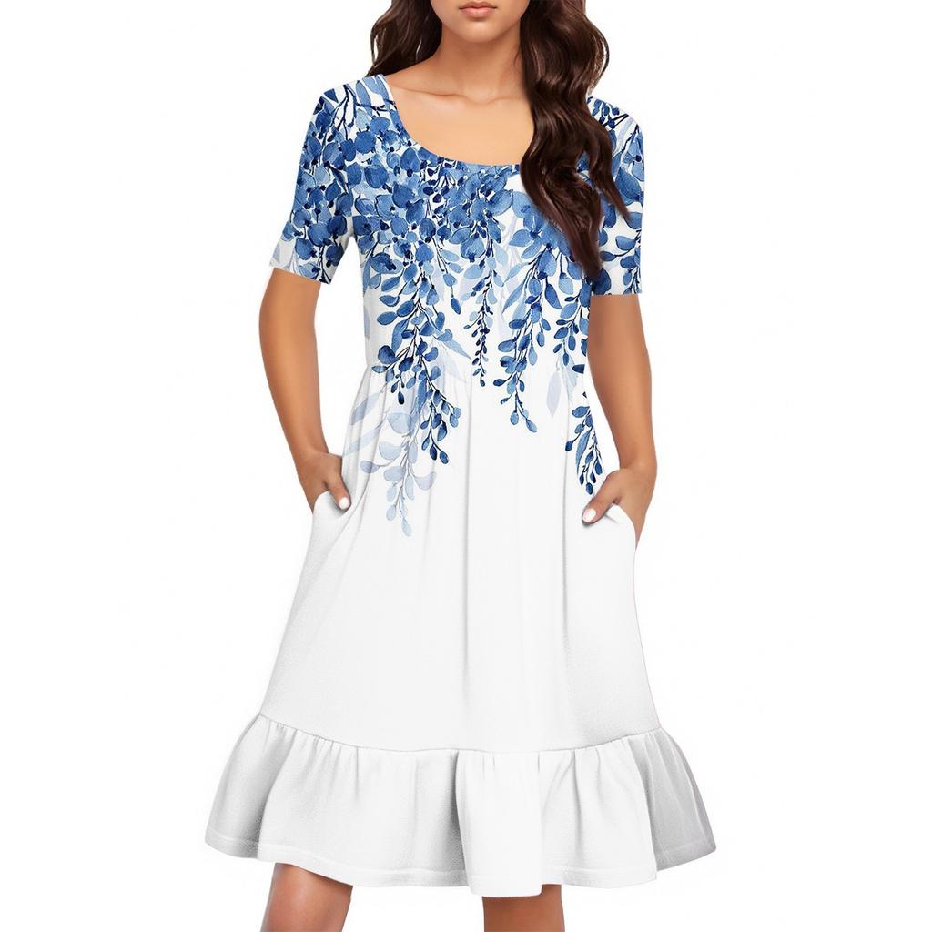 Women's Casual Round Neck Short Sleeved Dress Loose Waist Pleated Dress Waist Pleated Dress