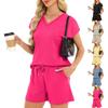 Women's Fashion Casual Short-Sleeved Summer V-Neck Short-Sleeved Top With Drawstring Pockets And Shorts Two-Piece Set
