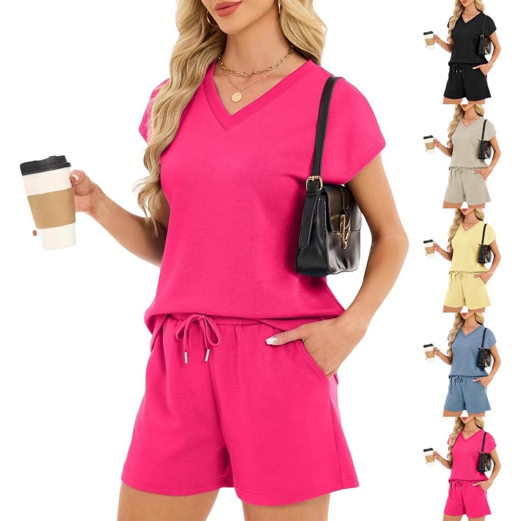 Women's Fashion Casual Short-Sleeved Summer V-Neck Short-Sleeved Top With Drawstring Pockets And Shorts Two-Piece Set