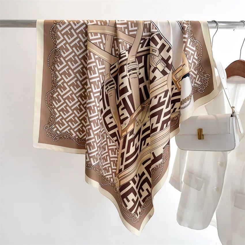 Taschentücher Haar Seidenschal 90*90cm Druck Satin Große Quadratische Seidenschals Schals für Damen Luxusmarke Designer Hijab Stirnband