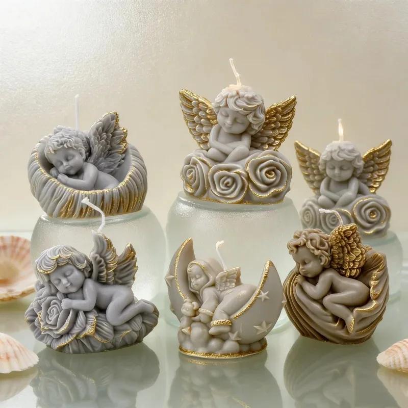 2026 Latest Models Cute Rose Wings Angel Shaped Silicone Candle Molds 3D Cherub SleepMoon Design DIY Shell Snail Angel Resin