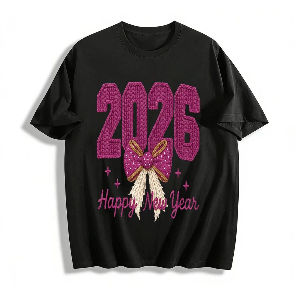 2026 Happy New Year Knit Bow Print Casual Sweatshirt Top Pure cotton T-shirt XXS