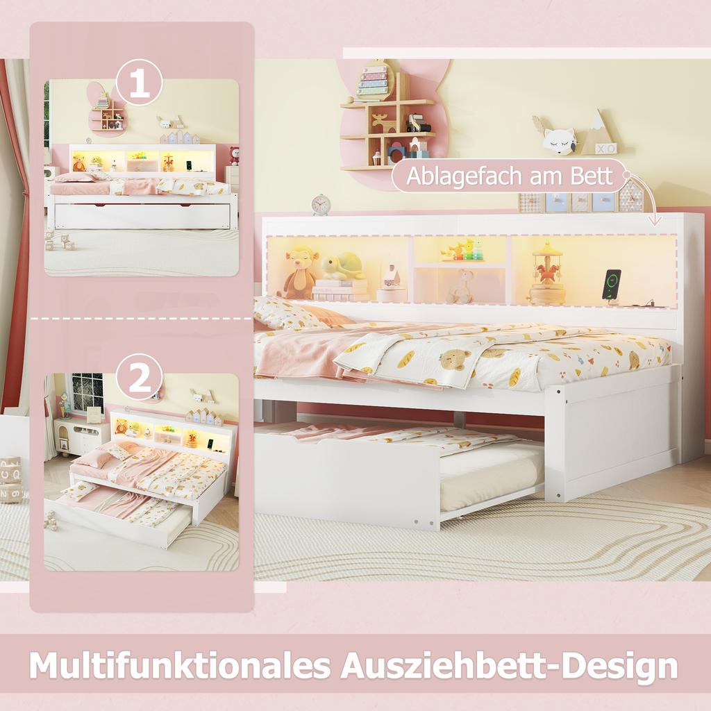 Sleeper Sofa, Daybed, Day Bed, 90*200cm, With LED Lights, Bedside Storage Compartment, Pull-Out Bed, Socket + USB, Without Mattress, White