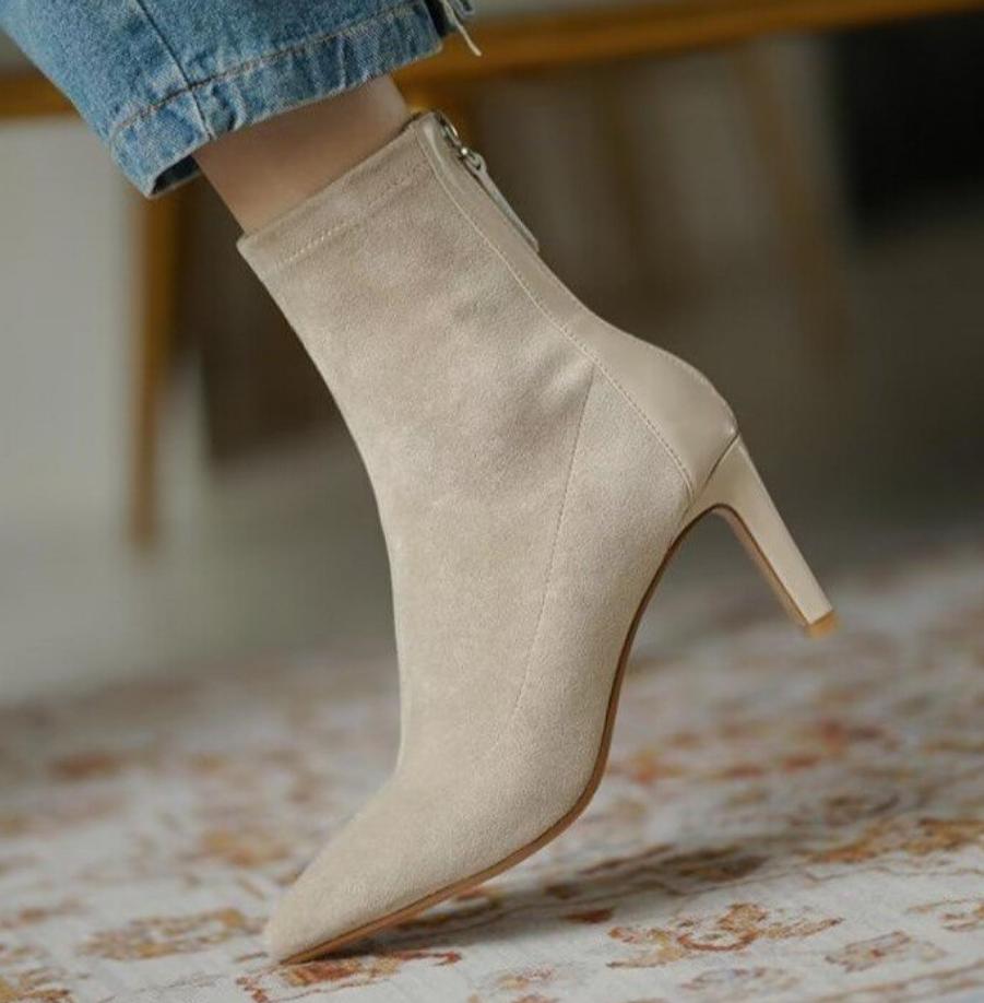 Fashion High Heel Suede Boots Women's Korean Style Autumn and Winter Mid Heel Stretch Thin Boots Pointed Toe Back Zip Sock Boots Women