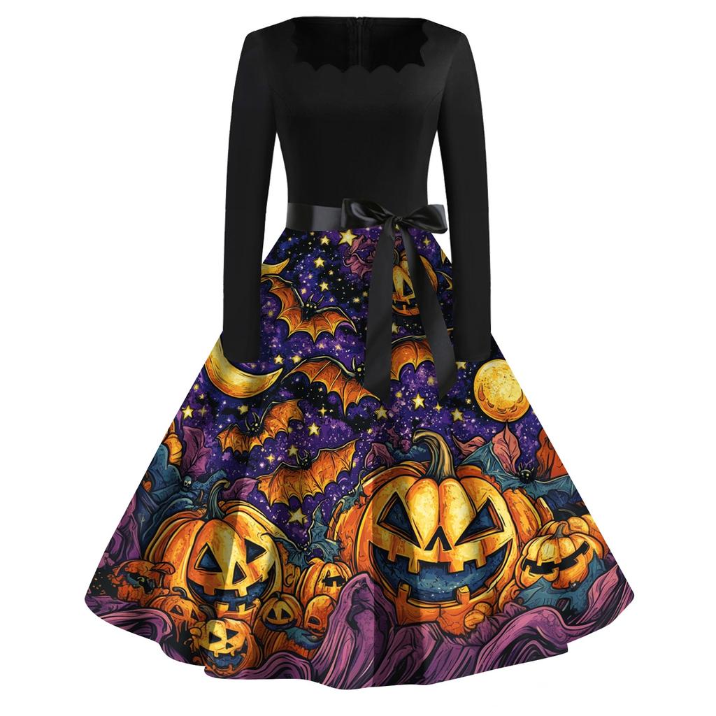 Women's Casual Vintage Halloween Print Square Neck Long Sleeve Dress with Waist Bow Tie Retro Style Flared Skirt