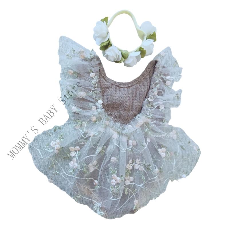 H3CD 1 Set Lovely Newborns Photography Dress Hairband Feature Lace Trim Floral Charm