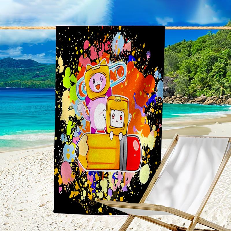 proof beach towel with a Lankybox Foxy and Rocky3 pattern - soft,absorbent,quick-drying,machine washable - perfect for swimming,camping,bathing