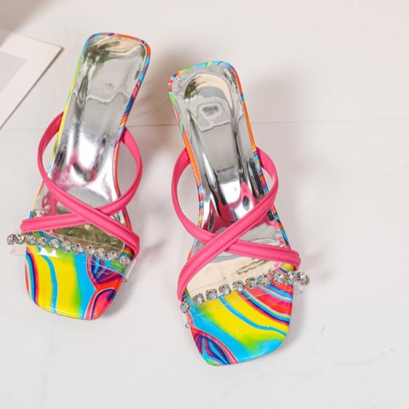 Women's Stiletto Slippers Summer New Square Head Open Toe Crystal with Fine Strap Anti-slip Wear-resistant High Heels