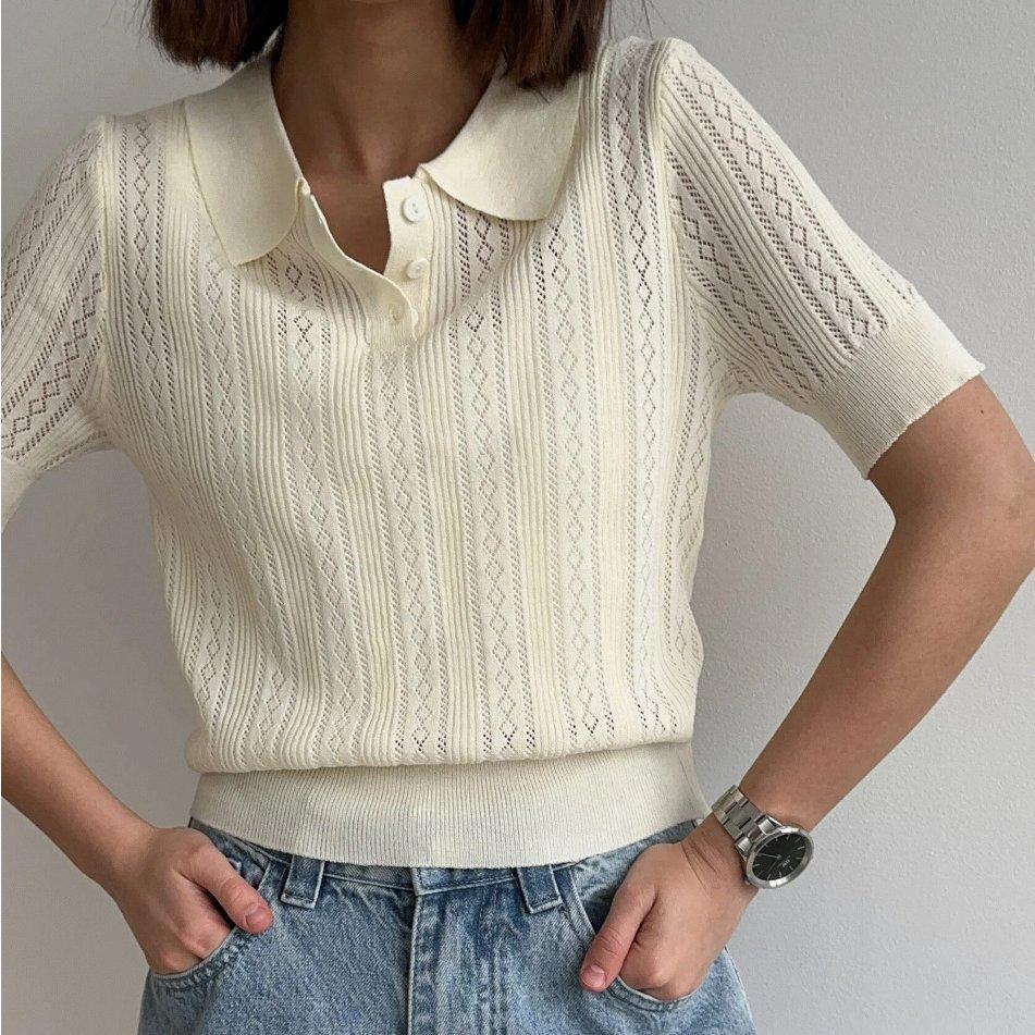 Top a Maglia Donna Scollo a V Manica Corta Lavorazione a Intreccio Estate Unico Chic Casual Blusa