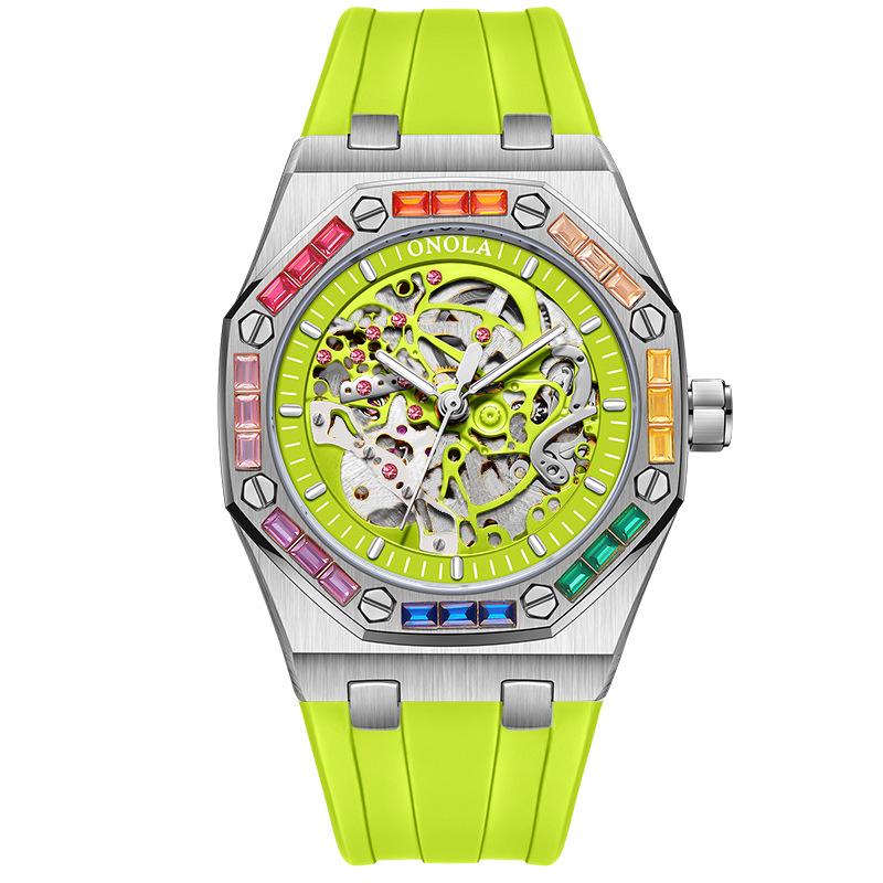 ONOLA Montre Homme Automatique Mécanique Fashion Diamants Arc-en-ciel Bracelet Silicone Étanche