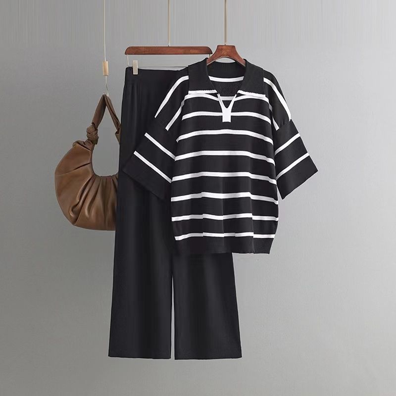 

Fashion Contrast Color Stripes Loose Knitting Top and Trousers Suit Loose Knit Top and Pants Set Black One size