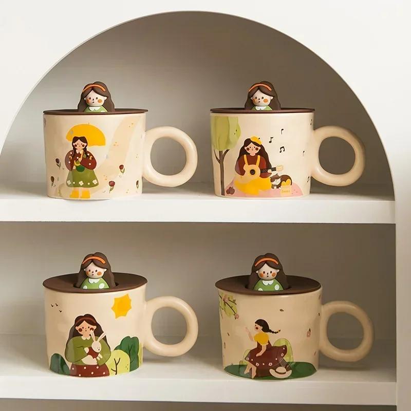 Ceramic Dinner Plate Bowl Cup with Lid Household Cute Girl Tableware Rice Bowl Cartoon Breakfast Plate Coffee Mug Birthday Gift
