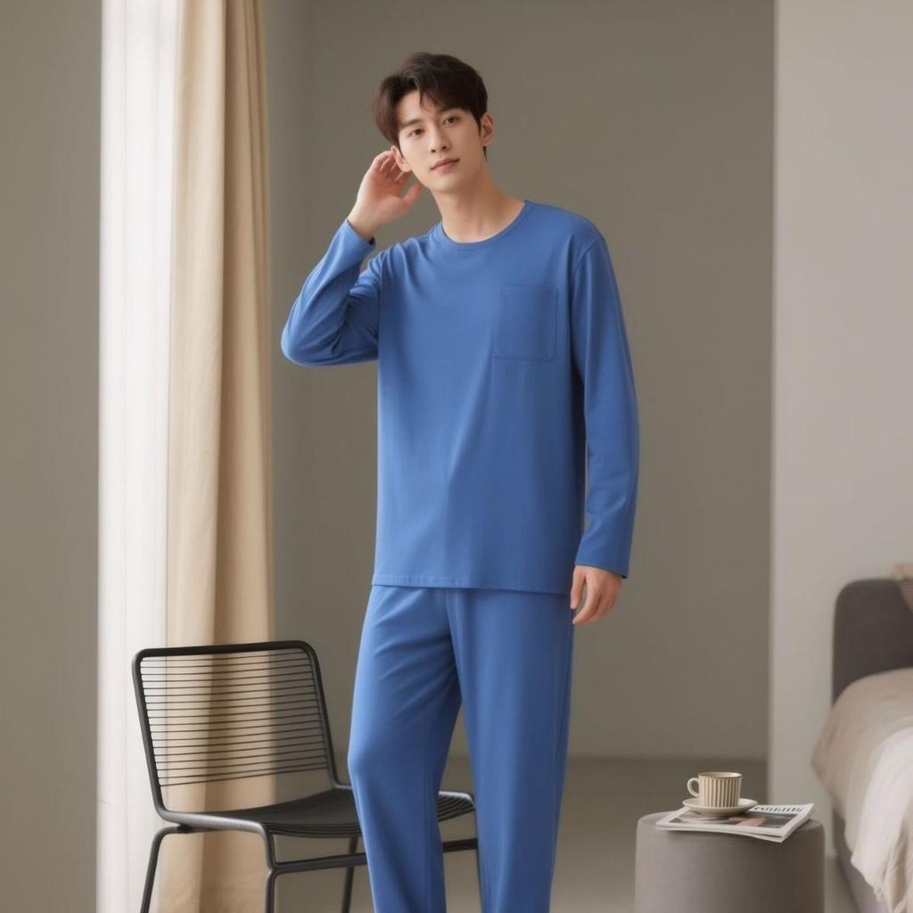 Men's Slim Fit Solid Color Pajama Set - Long Sleeve Top & Pants
