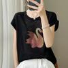 IHUASU Summer Women's Knitwear Cotton Bamboo Hemp Short-sleeved Tops Women's T-shirt Women's O-neck Rhinestone Swan