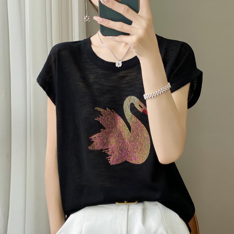 IHUASU Summer Women's Knitwear Cotton Bamboo Hemp Short-sleeved Tops Women's T-shirt Women's O-neck Rhinestone Swan