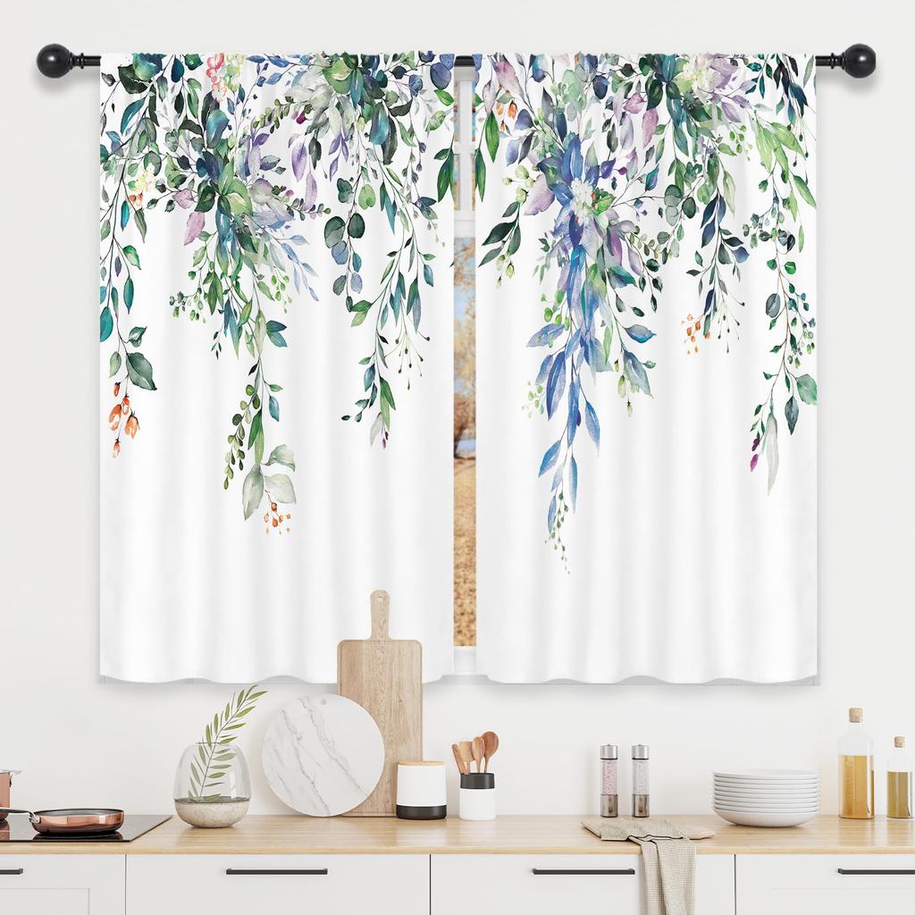 2 Paneele Küchenvorhänge Pflanzen Blume Frühling Floral Botanisches Muster Vorhänge Für Badezimmer Schlafzimmer Wohnzimmer Stangentasche