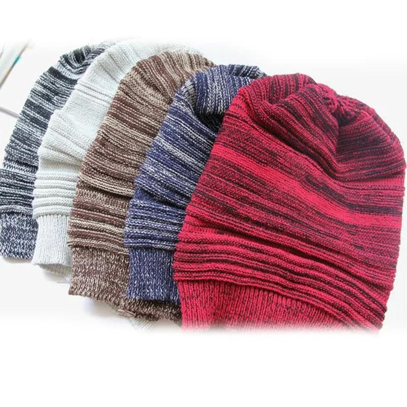 Winter Unisex Mixed Color Cotton Striped Hat High-quality Knit Wool Baggy Beanie Hats Winter Outdoor Windproof Warm Elastic Hat