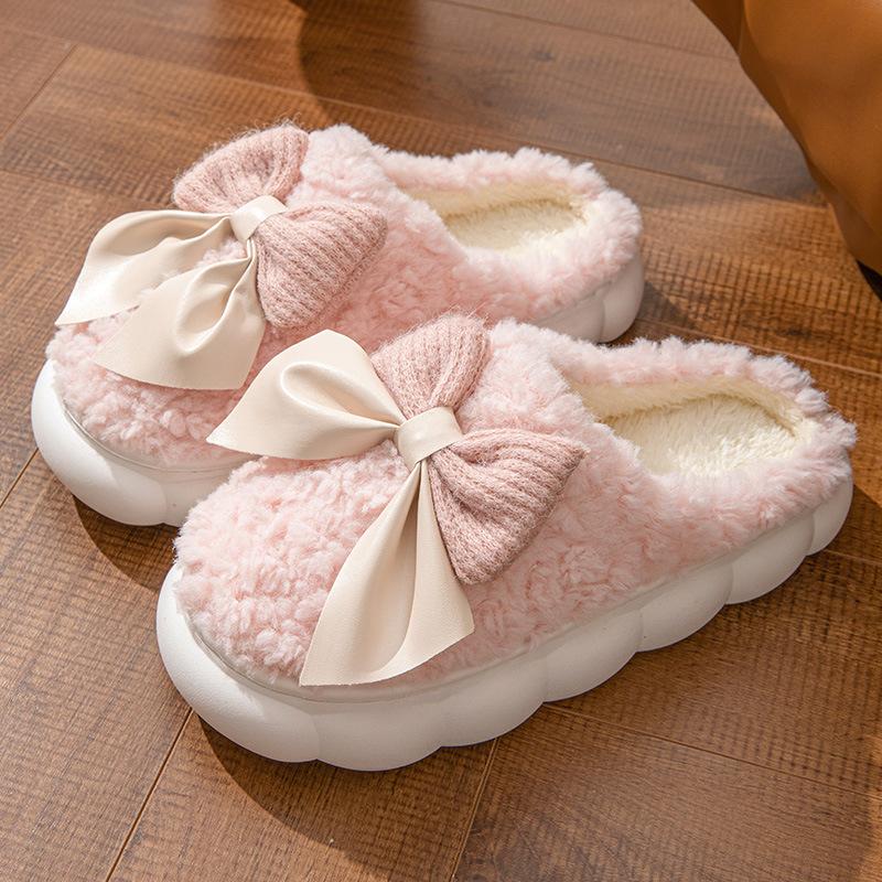 Bow Cotton Slippers Winter Indoor Home Plush Warm Thick Bottom Wear-resistant Non-slip Slippers
