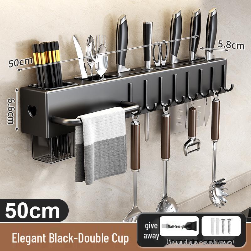 Wall-Mounted Kitchen Knife & Chopstick Storage Rack with Hooks (Punch-Free)