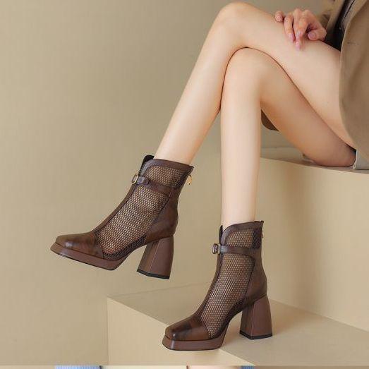 Brown Thick High-heeled Square-headed Short Boots 2025 New Summer Versatile Martin Boots Thick-soled Small Women's Net Boots